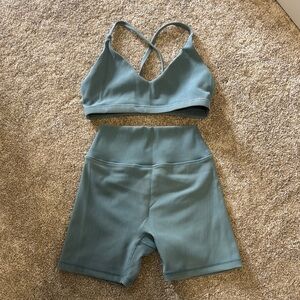 Muscle Nation Distressed Blue Ribbed Sports Bra and Shorts Set